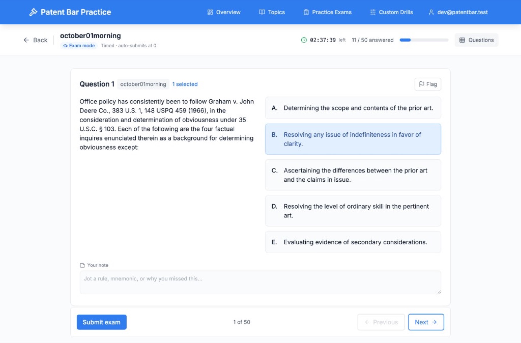 Exam mode with a countdown timer, hidden answers, and a practice question from a past USPTO exam